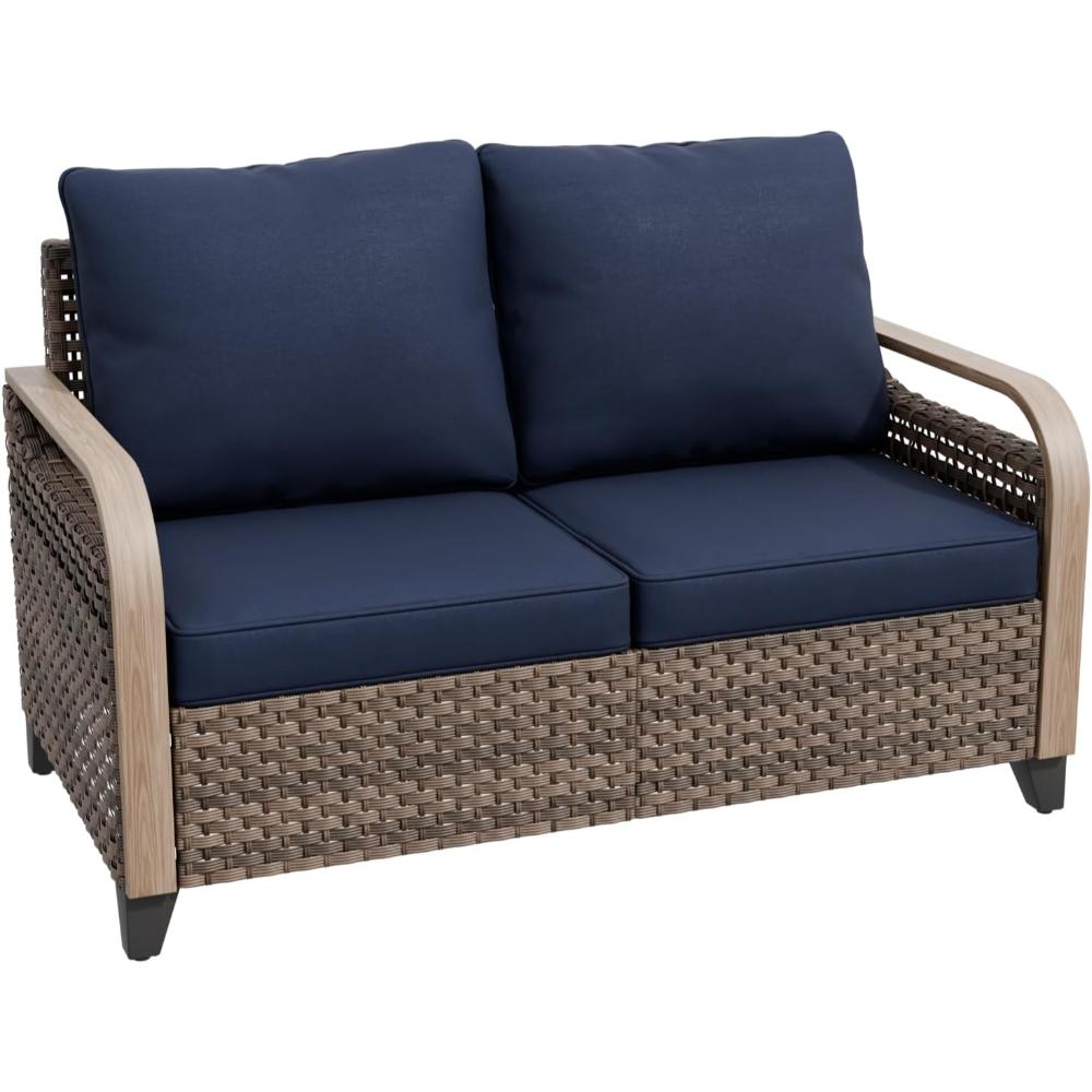 Brown-Blue Modern Wicker Rattan Outdoor Loveseat - Image 3