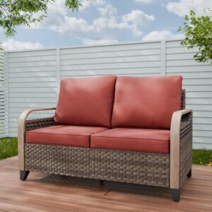 Brown-Red Modern Wicker Rattan Outdoor Loveseat
