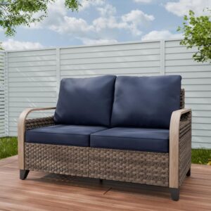 Brown-Blue Modern Wicker Rattan Outdoor Loveseat