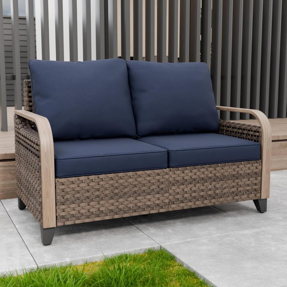 Brown-Blue Modern Wicker Rattan Outdoor Loveseat - Image 2