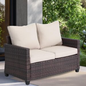 Wicker Rattan Loveseat With Beige Cushions