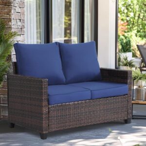 Wicker Rattan Loveseat With Blue Cushions