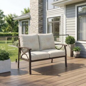 Beige All-Weather Metal Outdoor Loveseat