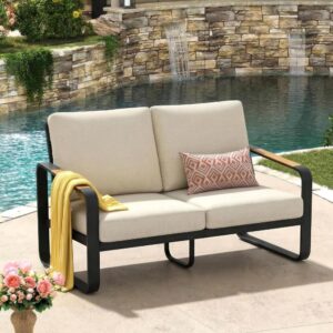 Beige Modern Metal Frame Outdoor Loveseat