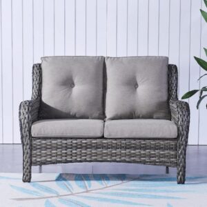 Gray Wicker Loveseat With Wide Armrest