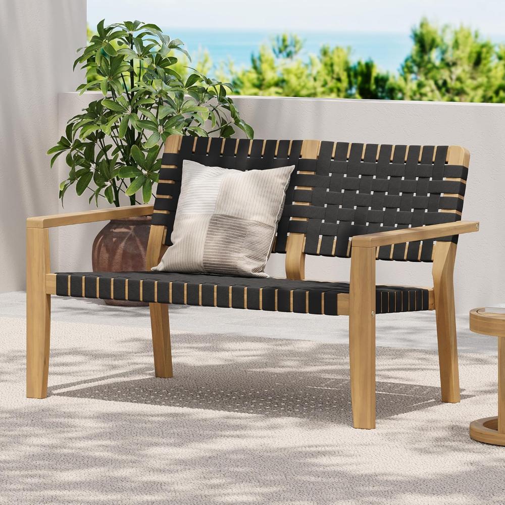 Black Woven Rope Wooden Outdoor Bench - Image 4