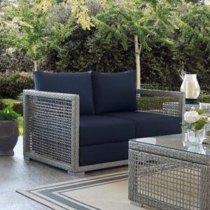 Navy-Blue Rattan Outdoor Loveseat With Cushions