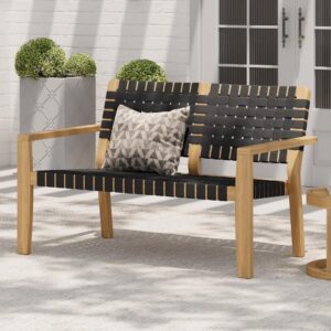 Black Woven Rope Wooden Outdoor Bench