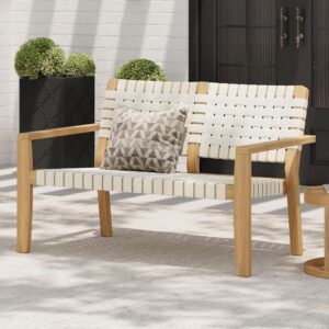 White Woven Rope Wooden Outdoor Bench